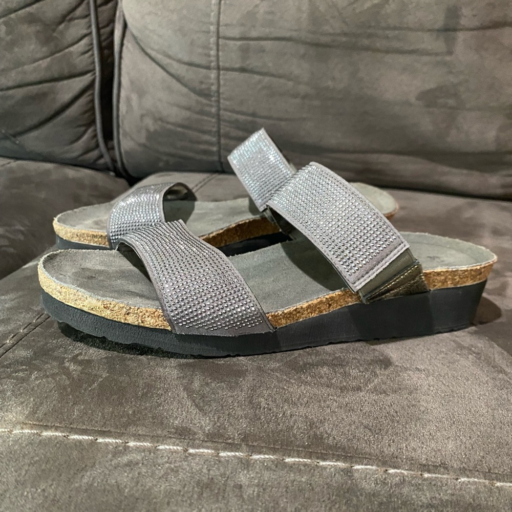 Naot Bianca Slide Metallic Grey Rhinestone Double Strap Sandals W's EU 39 US 8